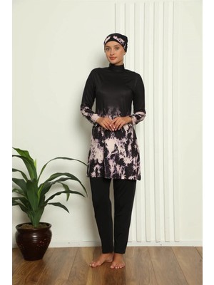 Genel Tedarik Tam Tesettür Dijital Desenli Mayo Siyah