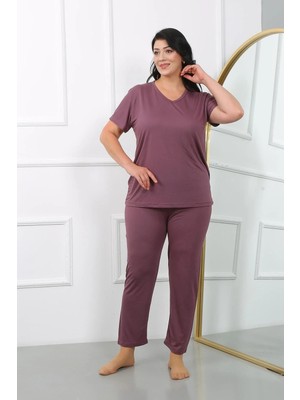Genel Tedarik Kadın Büyük Beden Kısa Kol Penye Pijama Takımı Mürdüm