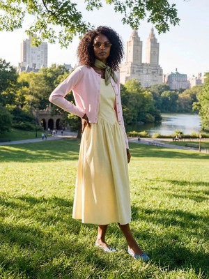 LC Waikiki Xsıde Sarı U Yaka Büzgülü Belden Oturtmalı Poplin Elbise