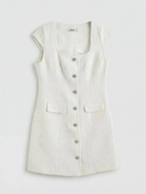 LC Waikiki Xsıde Beyaz Kare Yaka Tüvit Mini Elbise