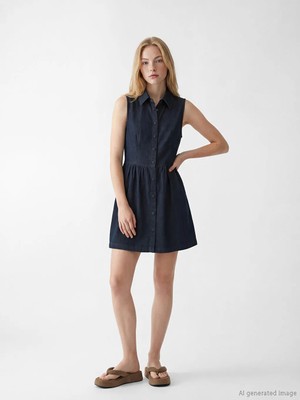 LC Waikiki Xsıde Lacivert Gömlek Yaka Büzgülü Mini Jean Elbise