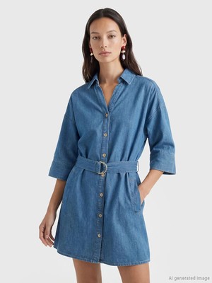 LC Waikiki Lcw Vision Indigo Gömlek Yaka Mini Jean Elbise
