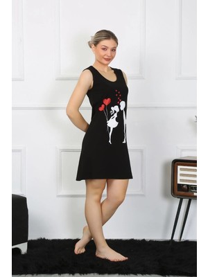 Genel Tedarik Kadın Kalın Askılı Penye Diz Üstü Siyah Gecelik