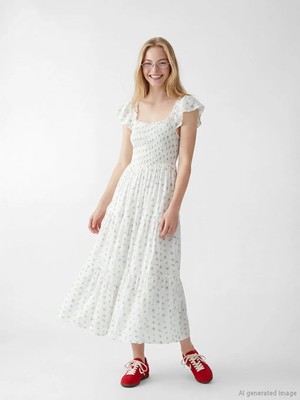 LC Waikiki Xsıde Mavi Kare Yaka Çiçekli Poplin Elbise