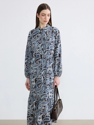 LC Waikiki Lcw Modest Karışık Gömlek Yaka Desenli Belden Oturtmalı Elbise