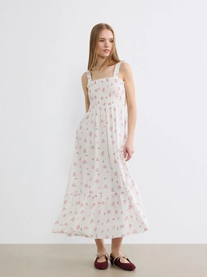 LC Waikiki Xsıde Pembe Kare Yaka Çiçekli Belden Oturtmalı Elbise