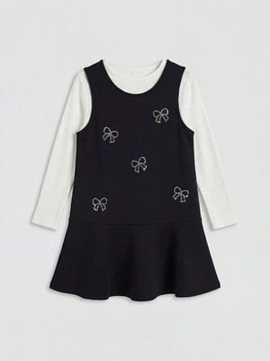 LC Waikiki Lcw Kids Siyah Bisiklet Yaka Fiyonk Detaylı Kız Çocuk Elbise