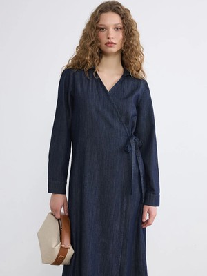 LC Waikiki Lcw Modest Indigo Kruvaze Yaka Jean Elbise