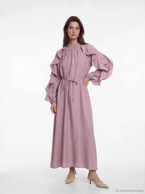 LC Waikiki Lcw Modest Lila Dik Yaka Fırfırlı A Kesim Kadın Elbise