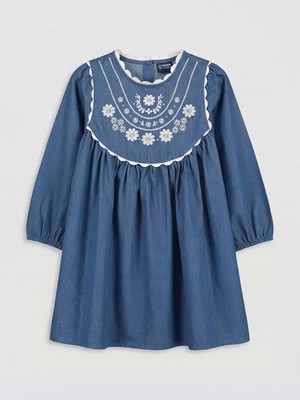 LC Waikiki Lcw Kids Mavi Bebe Yaka Çiçek Nakışlı Kız Çocuk Elbise