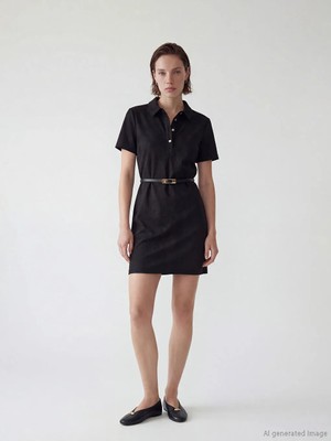 LC Waikiki Lcw Everyday Siyah Polo Yaka Süet Görünümlü Mini Elbise