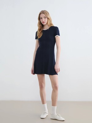 LC Waikiki Xsıde Lacivert Bisiklet Yaka Fırfırlı Mini Triko Elbise