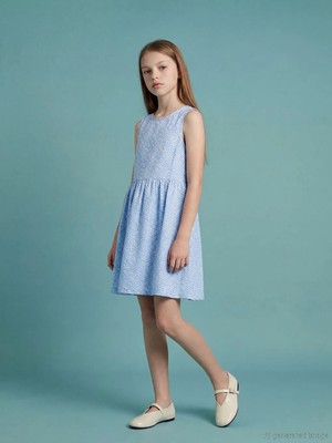 LC Waikiki Lcw Kids Mavi Bisiklet Yaka Çiçek Desenli Kız Çocuk Elbise