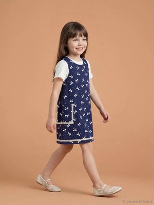 LC Waikiki Lcw Kids Lacivert Fiyonk Baskılı Kız Çocuk Elbise ve Tişört