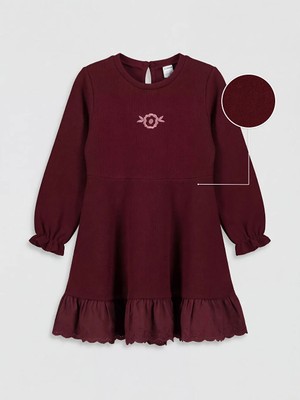 LC Waikiki Lcw Kids Bordo Nakışlı Uzun Kollu Kız Çocuk Elbise