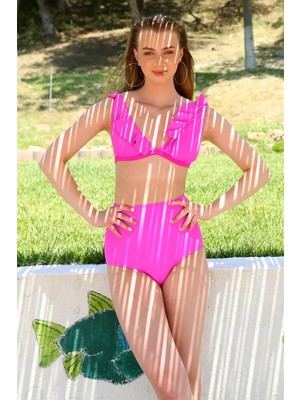 Genel Tedarik Kadın Fırfırlı Yüksek Bel Fuşya Bikini