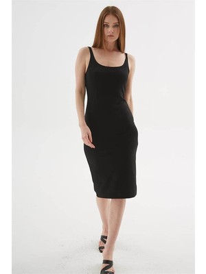 Fashion Friends Kare Yaka Midi Siyah Kadın Elbise 26Y0299K1