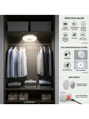 Kendal Hareket Sensörlü 16 LED 400MAH Şarjlı 2 Renk Beyaz ve Gün Işığı LED Auto Dolap Içi, Koridor Type-C.