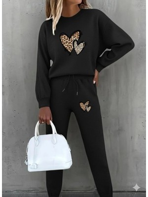 Secret Sita Kadın Uzun Kollu Bisiklet Yaka Kalp Desenli Şardonlu Üç Iplik Bluz ve Pantolon Ikili Takım