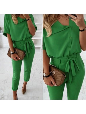 Secret Sita Kadın Kısa Kollu Yakalı Önden Düğmeli Bürümcük Bluz ve Pantolon Ikili Takım