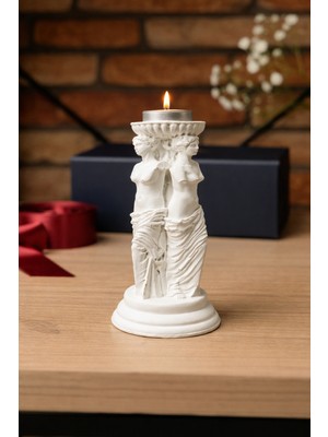 Mireva Yunan Hera Üç Güzeller Mumluk – Taş Görünümlü Heykel Mumluk 16 cm | Dekoratif Ev & Masa Aksesuarı