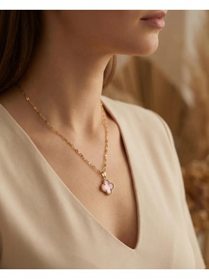 Liyona Çelik Gold Pembe Taşlı Van Cleef Kolye - Yonca Kolye