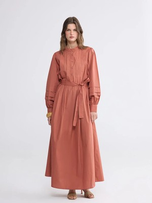 LC Waikiki Lcw Everyday Kahverengi Hakim Yaka Kuşaklı Poplin Elbise