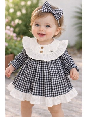 Bilge Trend Kız Bebek Siyah Ekoseli Mevsimlik Fiyonklu Saç Bandı, Elbise Takımı