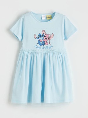 LC Waikiki Lcw Kids Mavi Stitch ve Angela Baskılı Kız Çocuk Fırfırlı Elibse