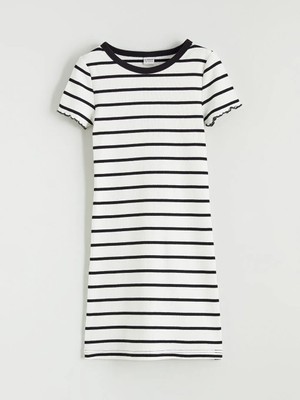 LC Waikiki Lcw Kids Siyah Bisiklet Yaka Çizgili Kız Çocuk Elbise