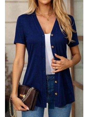 Secret Sita Kadın Kısa Kollu V Yakalı Önü Düğmeli Viskon Bluz