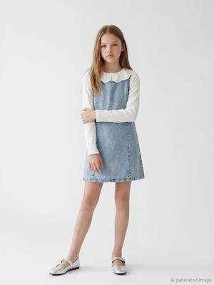 LC Waikiki Lcw Kids Mavi Fiyonk Taşlı Kız Çocuk Jean Elbise