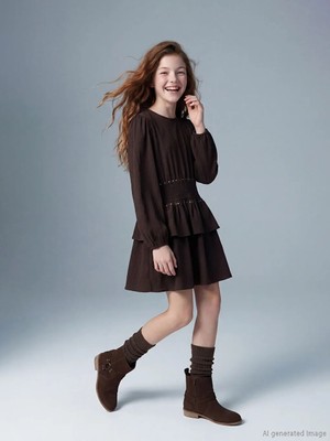 LC Waikiki Lcw Kids Kahverengi Bisiklet Yaka Fırfırlı Taş Detaylı Kız Çocuk Elbise