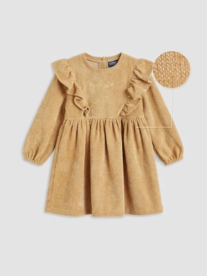 LC Waikiki Lcw Kids Kahverengi Fırfırlı Kız Çocuk Fitilli Kadife Elbise