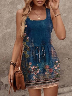 Secret Sita Kadın Askılı Yuvarlak Yakalı Beli Kusaklı Çiçek Desenli Kısa Süprem Elbise