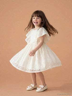 LC Waikiki Lcw Kids Ekru Bisiklet Yaka Kız Çocuk Dantel Elbise