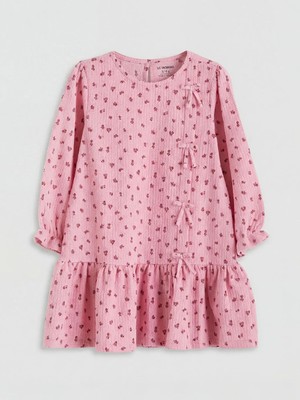LC Waikiki Lcw Kids Pembe Bisiklet Yaka Çiçekli Fiyonklu Kız Çocuk Elbise