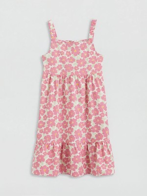 LC Waikiki Lcw Kids Pembe Kare Yaka Çiçekli Kız Çocuk Poplin Elbise