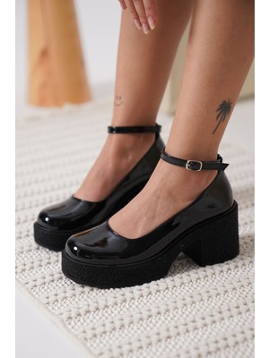 Alfaze Siyah Rugan Bilekten Baretli Günlük Rahat Dolgu Topuklu Ayakkabı