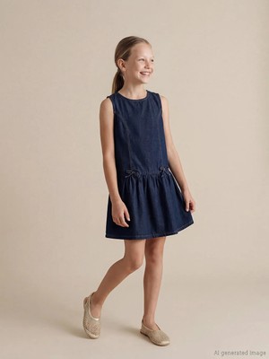 LC Waikiki Lcw Kids Indigo Fiyonk Detaylı Kız Çocuk Jean Elbise