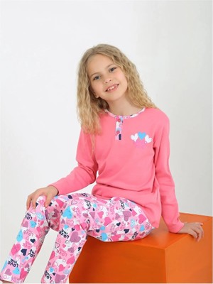 Diamondstar Kız Çocuk Love Me Baklı Uzun Kollu %100 Pamuklu Düğme Detaylı Pijama Takımı  2/5 Yaş