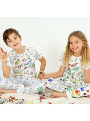 Kısa Kollu + Özel Kalem Boyanabilir Kız Erkek Çocuk Pijama Takım