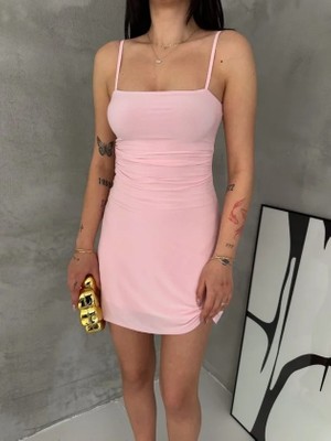 Secret Sita Askılı Şifon Ini Elbise Drapeli Bel Vücuda Oturan Yazlık Şık  Pembe