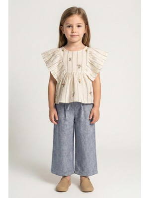 Mutlu Kids Keten Görünümlü Gömlek ve Bağcıklı Pantolon 2'li Kız Çocuk Takımı