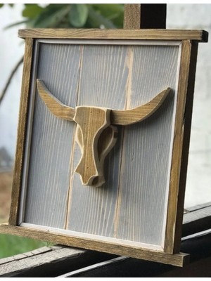 Ahşap Longhorn Boğa Figürlü Çerçeve - Retro Duvar Panosu