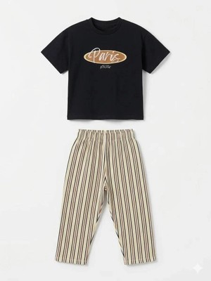 Magu Erkek Çocuk Pamuklu Lacivert Paris Baskılı Tişört Çizgili Eşofman Takım