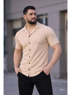Secret Sita Erkek Waffle Kumaş Kısa Kollu Düğmeli Açık Yaka Regular Fit Gömlek  Bej