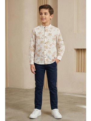 Mutlu Kids Hakim Yaka Beyaz-Bej Palmiye Desenli Erkek Çocuk Gömlek