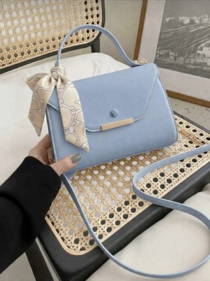 Özüm Çanta Kadın Mini Boy Suni Deri Fular Detaylı El ve Omuz Çantası Mavi