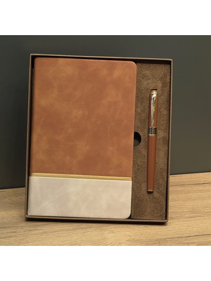 Taba Rengi Gold Detaylı Termo Deri Defter ve Metal Roller Kalem Hediye Seti Midastech